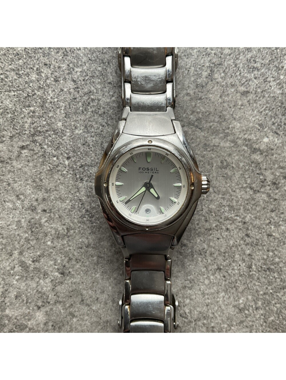 Vintage Fossil Blue Womens Silver Tone Stainless AM3748 Quartz Watch A3
